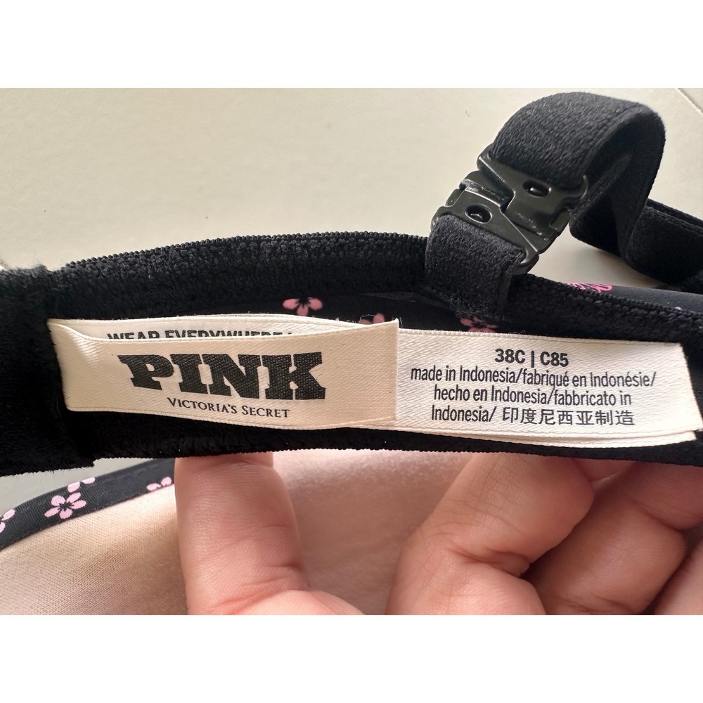 Pink Victoria's Secret Wear Everywhere Wireless Bra Black Butterfly Floral 38C - Picture 4 of 4